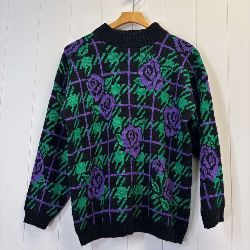 Vintage Adele Knitwear Women Granny Metallic Floral Plaid Sweater Size L Shimmer